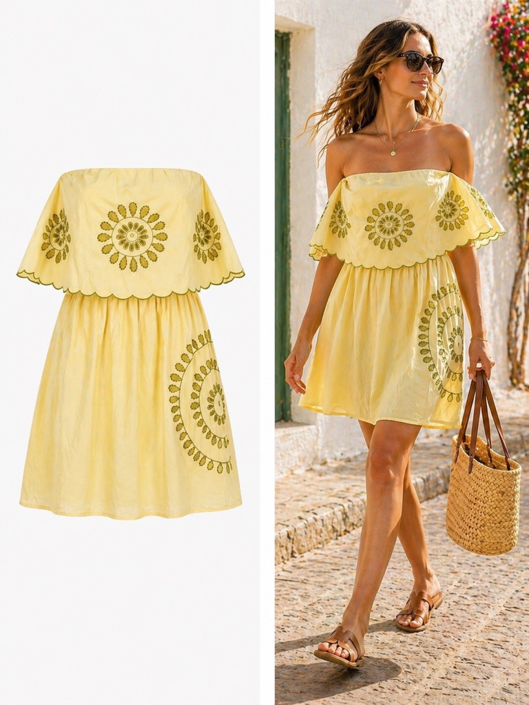 Letarte Yellow Strapless Off-Shoulder Embroidered Sun Dress
